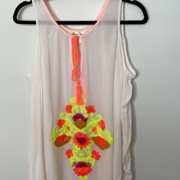 Lucky & Coco Women White Cold shoulder Neon Embroidered Swim Coverup Size Medium - Picture 4 of 9